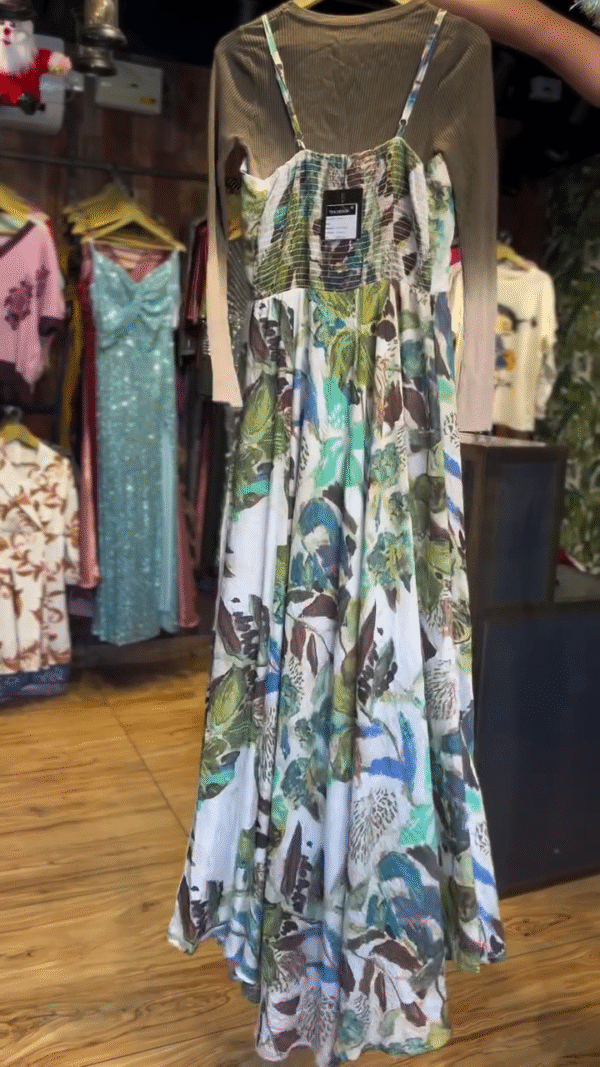 Green Georgette Printed Lime V-Neck Asymmetric Gown – Flow with Every Step - Image 3