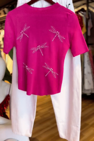 Ice Silk Knitwear Rhinestone Beaded T-Shirt – Luxe Shine Meets Everyday Comfort
