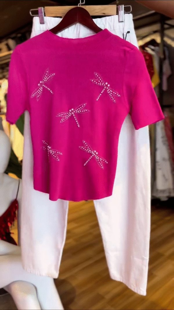 Ice Silk Knitwear Rhinestone Beaded T-Shirt – Luxe Shine Meets Everyday Comfort