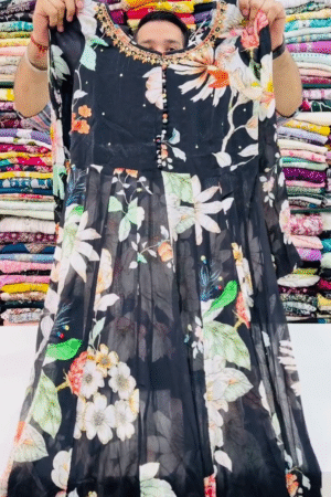 Pure soft organja silk fabric fully flair kali pattern and canvas patta with duppta set with pent.kurti for women