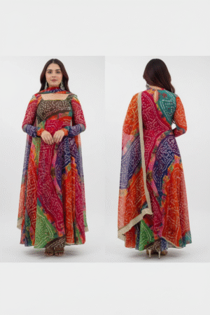 Elegant Grace: Women’s Georgette Anarkali Bandhani Printed Kurta with Pant & Dupatta