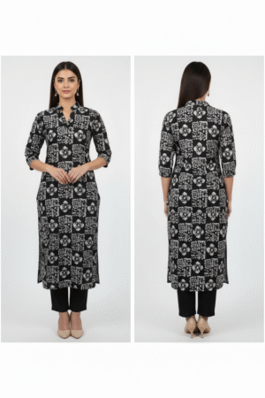 Classic Elegance: Women’s Black & Off-White Printed Straight Kurta