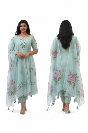 Graceful Ethnic Charm: Women’s Floral Printed Gotta Patti Kurta with Trousers & Dupatta