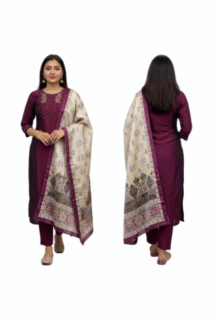 Regal Elegance: Silk Women’s Purple Ethnic Motifs Zari Work Straight Kurta Pant With Dupatta Set