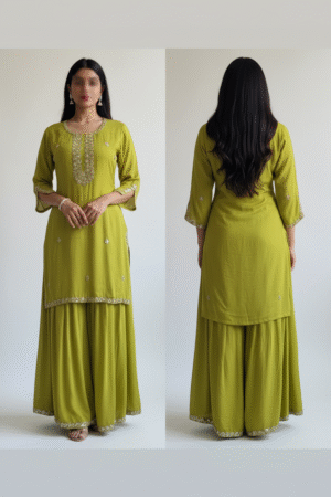 Women Olive Green Gotta Patti Detail Kurta with Sharara & Dupatta – Elegant Ethnic Ensemble for Festive & Traditional Occasions