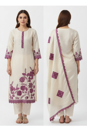 Women’s Embroidered A-Line Kurti with Pant and Dupatta Set – Off-White, Cotton, Festive Ethnic Wear