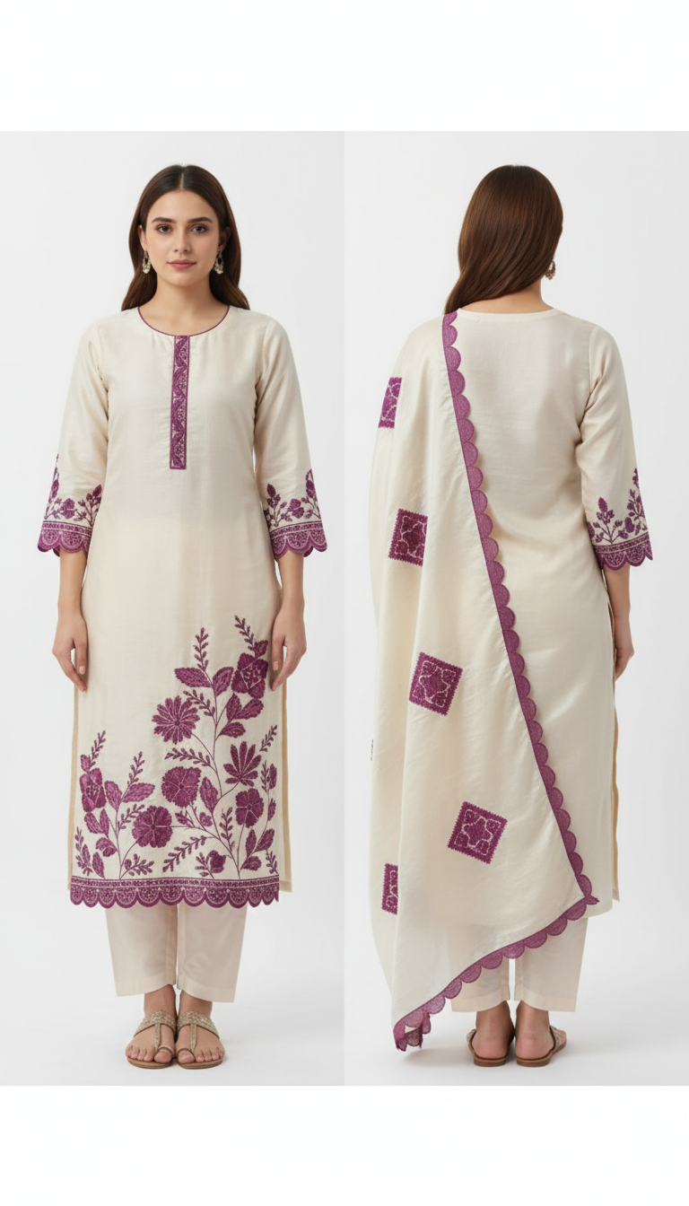 Women’s Embroidered A-Line Kurti with Pant and Dupatta Set – Off-White, Cotton, Festive Ethnic Wear