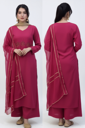 Women’s Pink Rayon Slub Cotton Embroidered V-Neck Straight Kurta with Pant – Ethnic Charm with Everyday Comfort