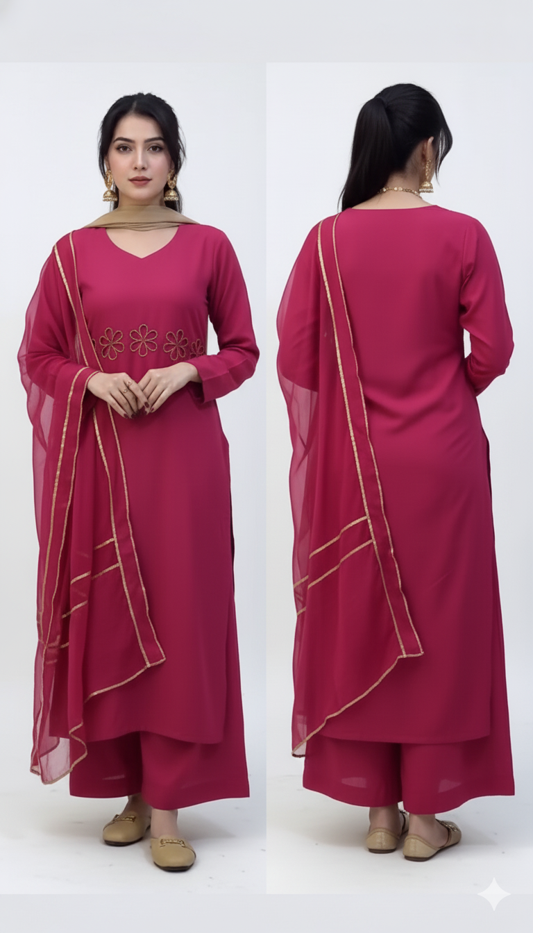 Women’s Pink Rayon Slub Cotton Embroidered V-Neck Straight Kurta with Pant – Ethnic Charm with Everyday Comfort