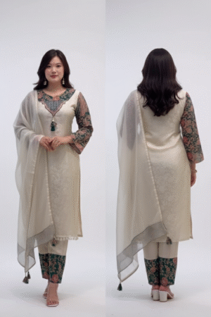 Grey Embroidered Kurta Palazzo Set with Kalamkari Dupatta – Timeless Elegance Meets Contemporary Style