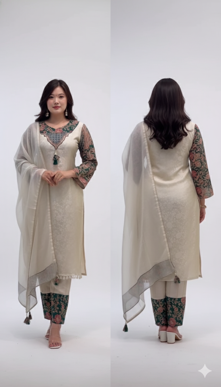 Grey Embroidered Kurta Palazzo Set with Kalamkari Dupatta – Timeless Elegance Meets Contemporary Style