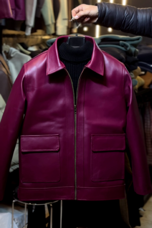 Burgundy Leather Jacket with Collar & Front Pockets – Timeless Style Meets Everyday Function