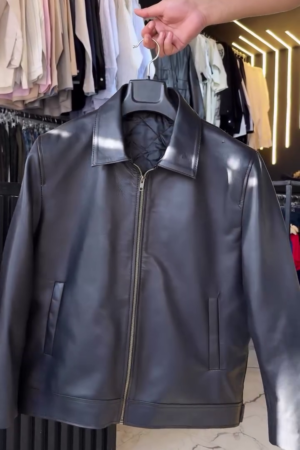 The Urban Architect: Men’s Black Collared Faux-Leather Zip Jacket