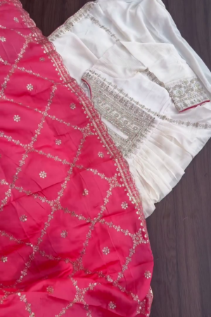 Women's Rani Pink Velvet Dupatta with Rust Embroidery