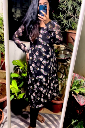 Present Floral Prtinted Georgette Black Coloured A-line Dress for Women||Gown||