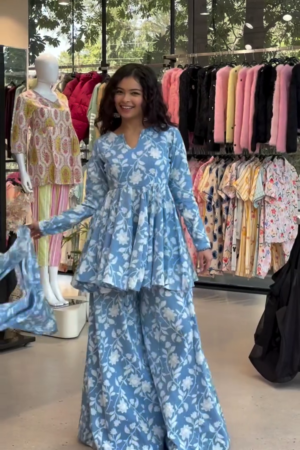 Printed Round Neck Long Sleeves Pure Cotton Tunic With Palazzos