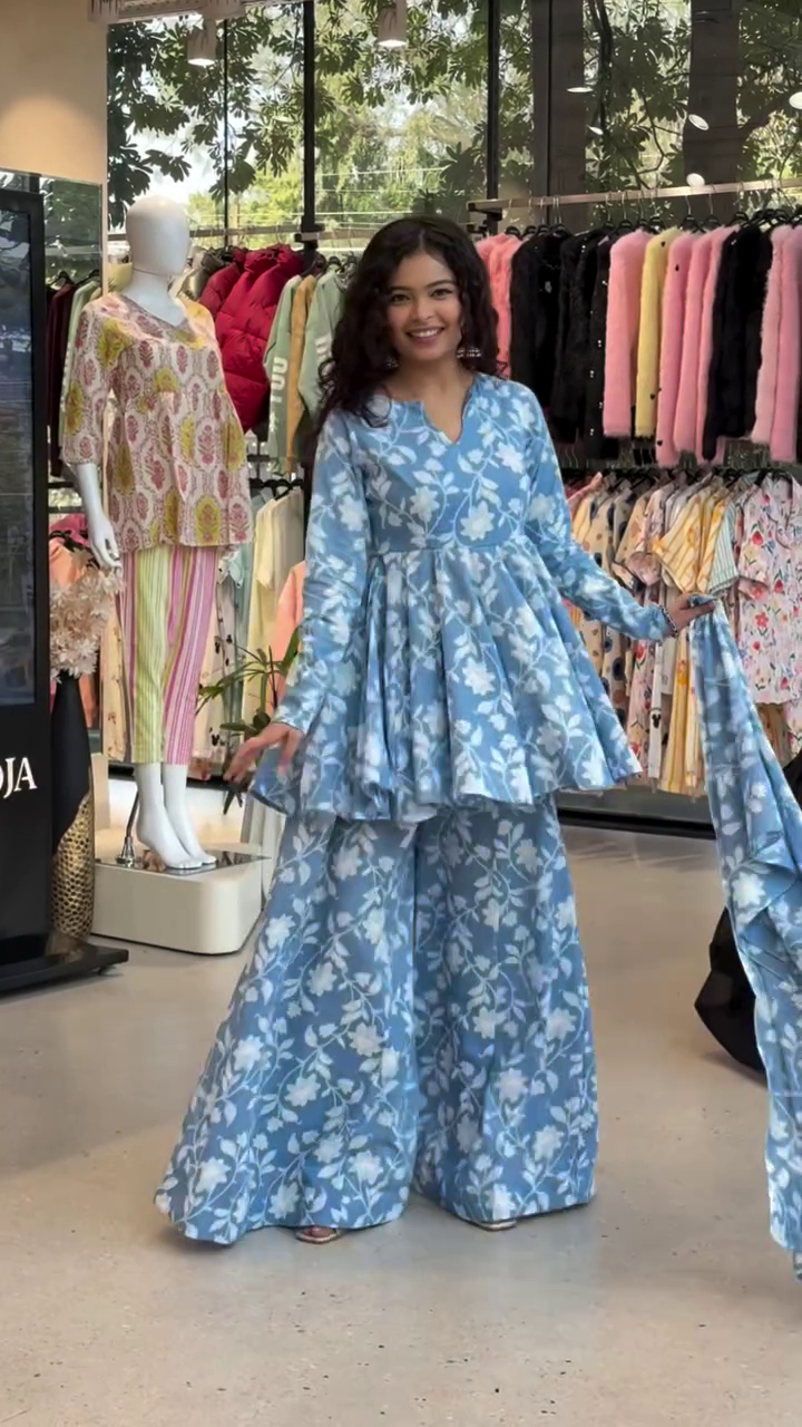 Printed Round Neck Long Sleeves Pure Cotton Tunic With Palazzos - Image 2