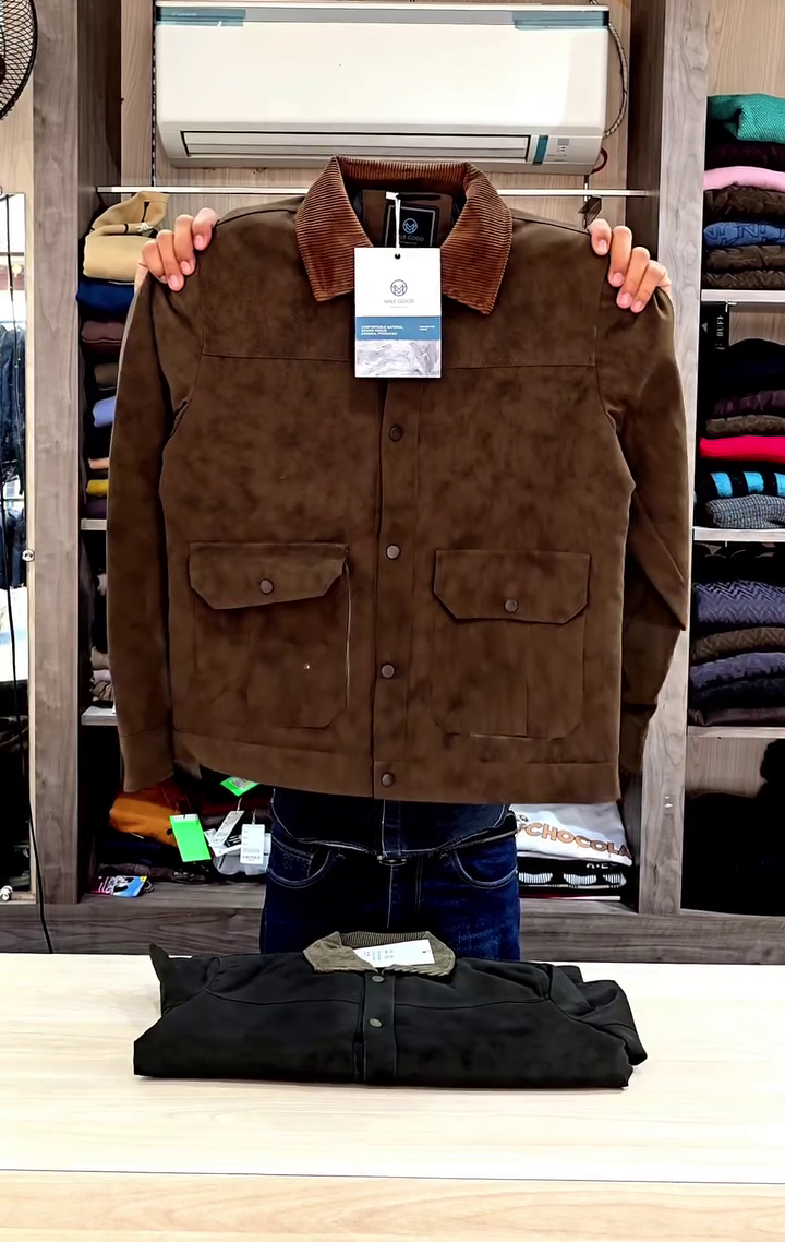 Mens Cowboy Western Soft Suede Leather Shirt - Roughout Style Suede Leather Journeyman Down Shacket Jacket - Image 5