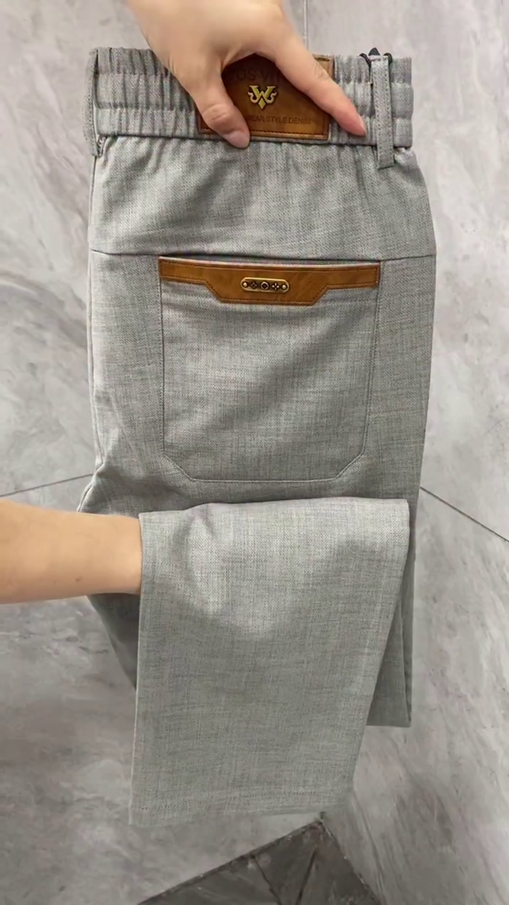 Men’s Grey Formal Stretch Trousers with Leather Accent Pockets