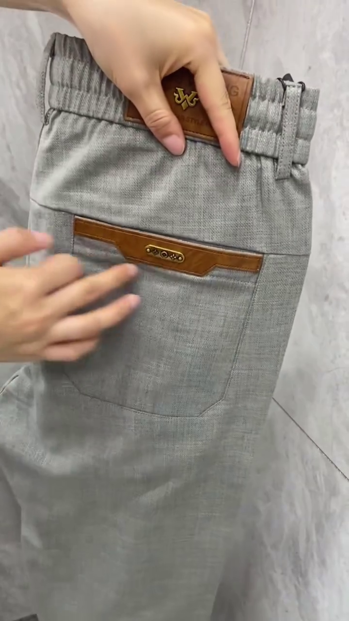 Men’s Grey Formal Stretch Trousers with Leather Accent Pockets - Image 4