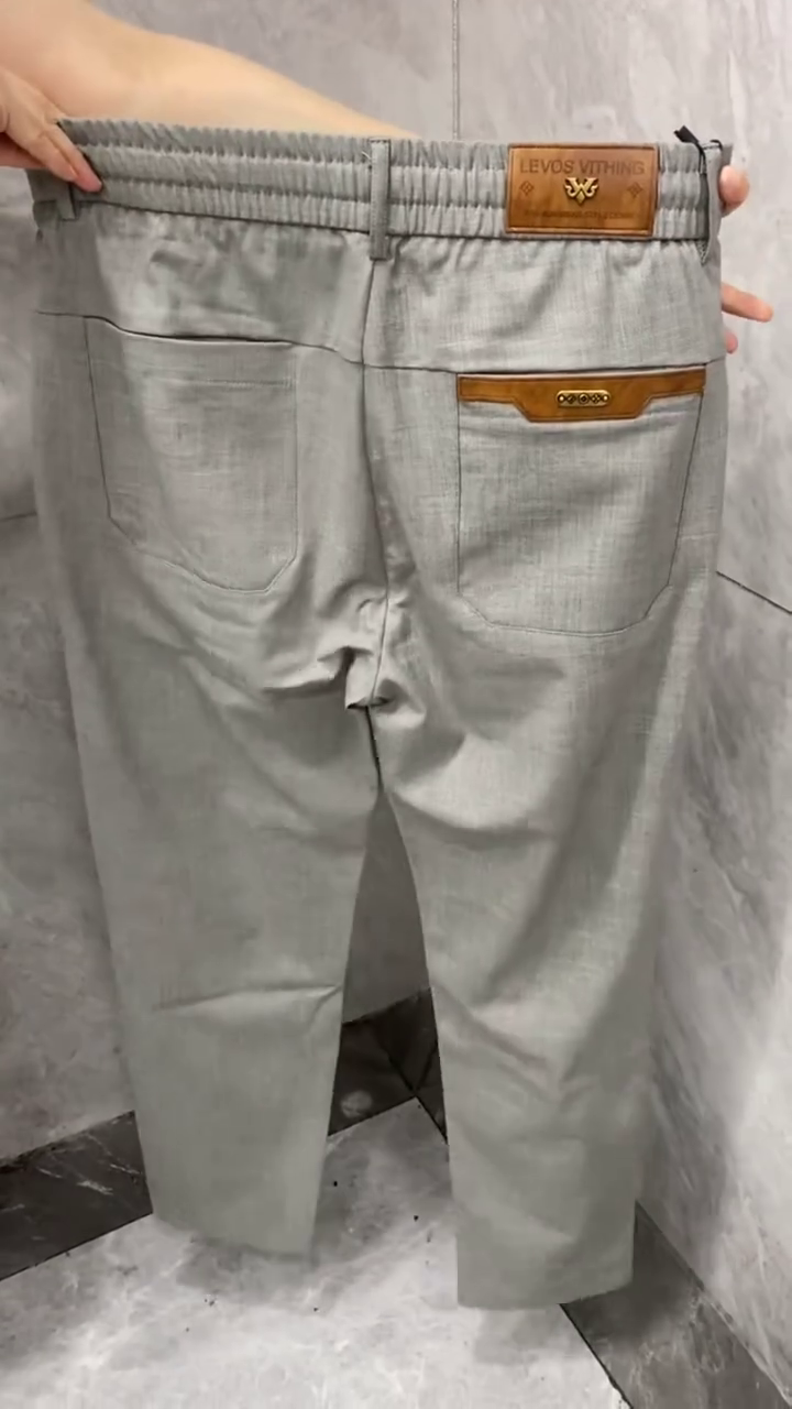 Men’s Grey Formal Stretch Trousers with Leather Accent Pockets - Image 5