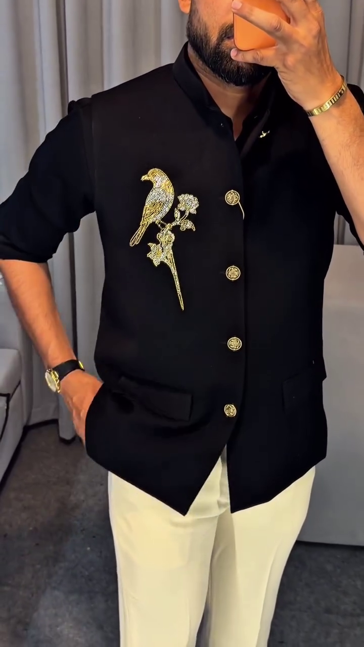 Men's Black Wool Blend Regular Fit Full Sleeves Formal Embroidered Blazer - Image 6