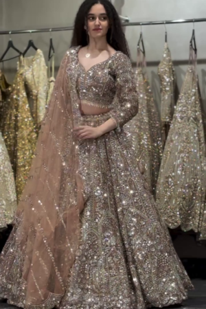 Women's Beige Sequins Net Readymade Lehenga