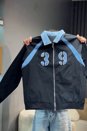 Blue Printed Mock Collar Lightweight Bomber Jacket