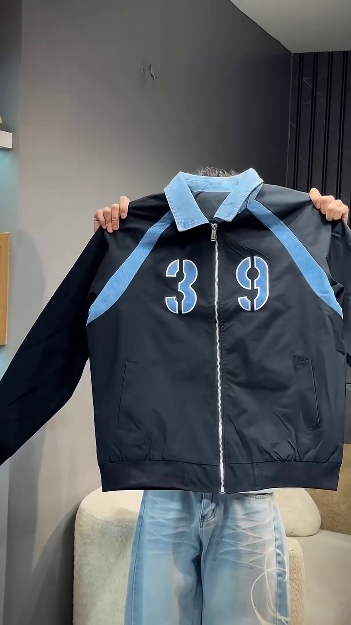 Blue Printed Mock Collar Lightweight Bomber Jacket