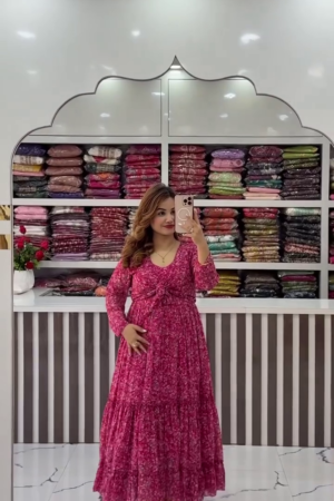Floral Print Puff Sleeve Georgette Fit & Flare Midi Dress