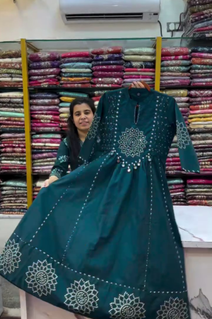 Teal Floral Embroidered V-Neck Tread Work Anarkali Kurta & Trouser With Dupatta