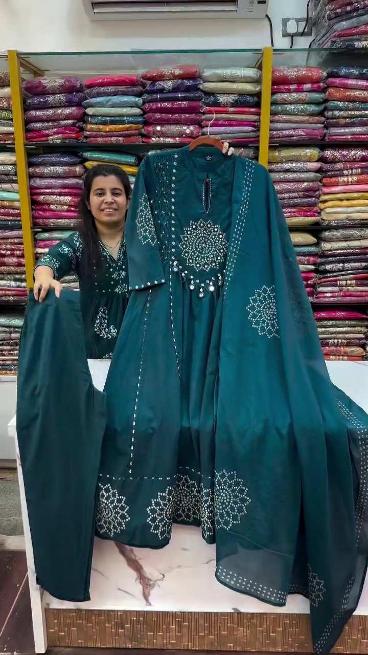 Teal Floral Embroidered V-Neck Tread Work Anarkali Kurta & Trouser With Dupatta - Image 3