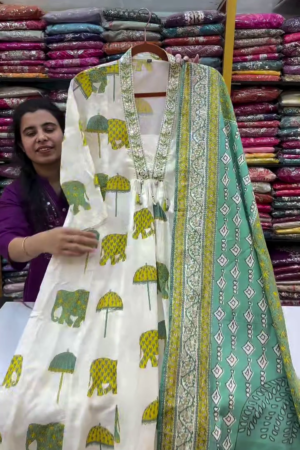 Ethnic Motifs Printed Pure Cotton Anarkali Kurta With Trousers And Dupatta