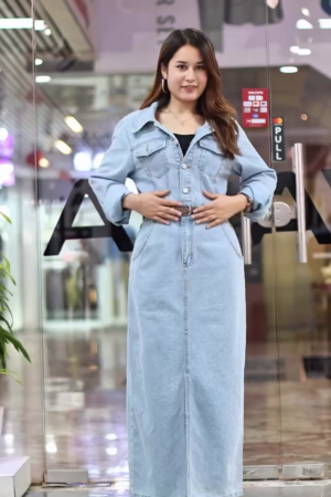 Women Blue Solid Maxi Denim Dress