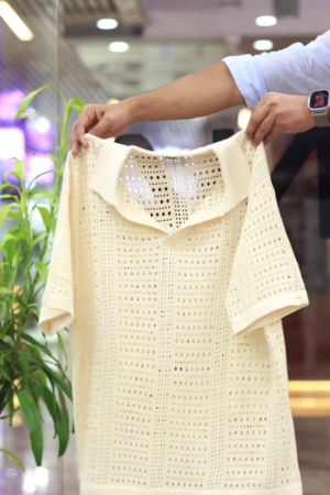 Loose Fit Pointelle- Knit Polo Shirt