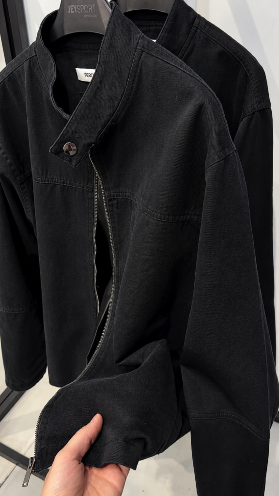 Black Washed Cotton Jacket with Band Collar – Zip-Up Snap-Button Utility Style