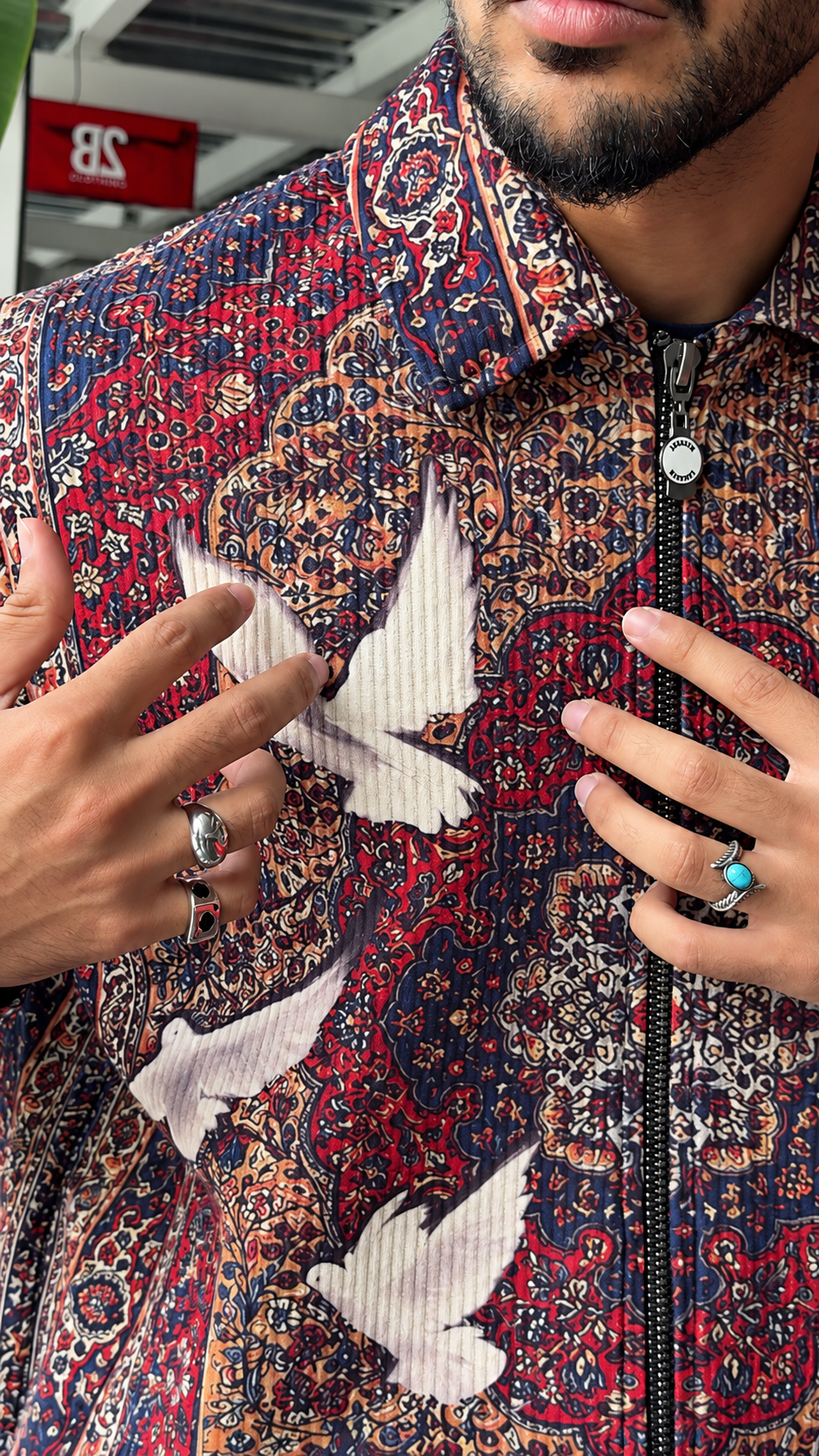 Vintage Paisley & Oriental Rug Pattern Zip-Up Jacket – Velvet Corduroy Retro Style - Image 2