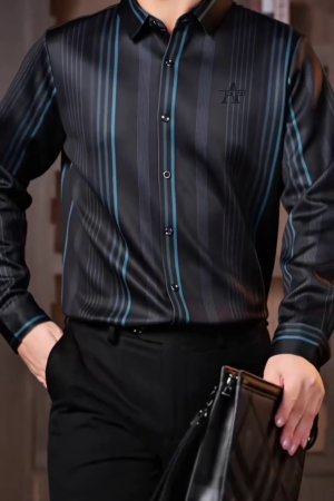 Men’s Black Vertical Stripe Formal Shirt with Contrast Detailing